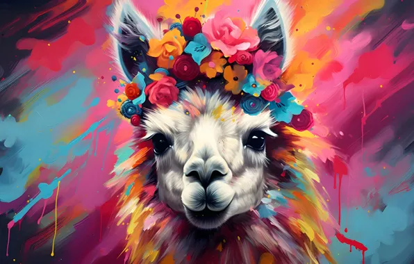 Face, flowers, paint, bright colors, wreath, strokes, Lama, AI art