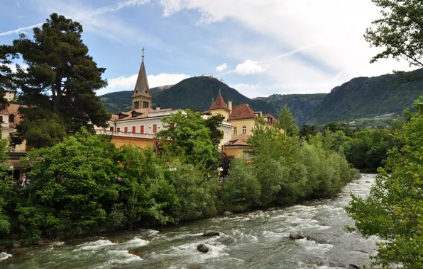 Mountains, nature, the city, river, Italy, architecture, Italy, trees.
