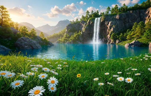 The sky, clouds, mountains, lake, Wallpaper, waterfall, art, wallpaper