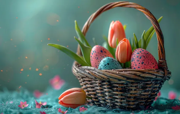 Flowers, eggs, bouquet, spring, Easter, tulips, basket, painted
