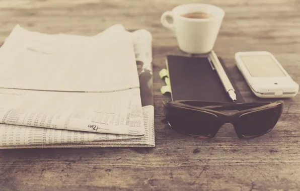 Coffee, glasses, handle, Cup, newspaper, Notepad, press, photo