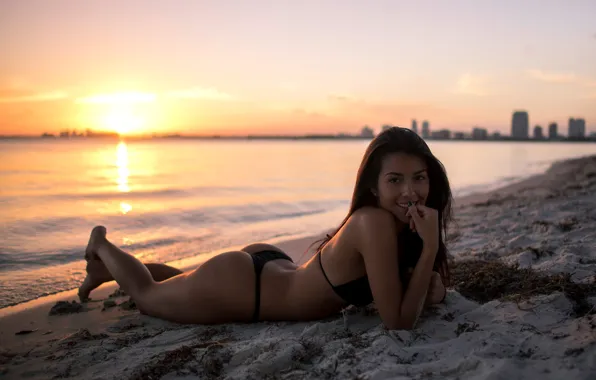 Sea, beach, swimsuit, sunset, coast, the evening, figure, brunette