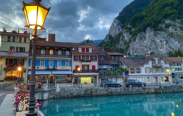 Picture landscape, mountains, the city, river, home, Switzerland, lights, Aare