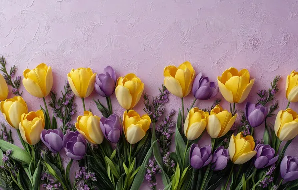 Flowers, holiday, bouquet, spring, yellow, crocuses, tulips, March 8