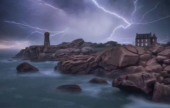 Sea, the storm, the sky, stones, castle, rocks, element, shore