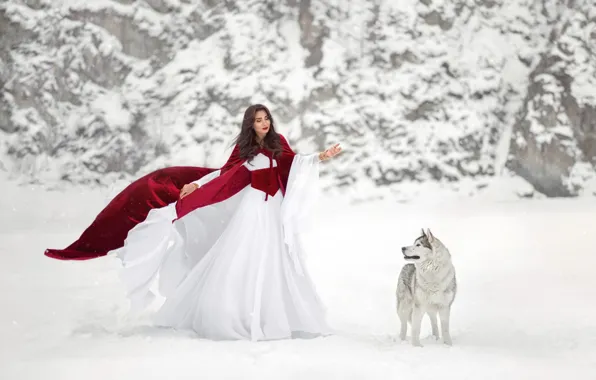 Winter, girl, snow, red, nature, pose, each, rocks