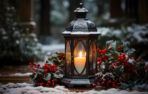 Winter, snow, decoration, night, New Year, Christmas, lantern, light