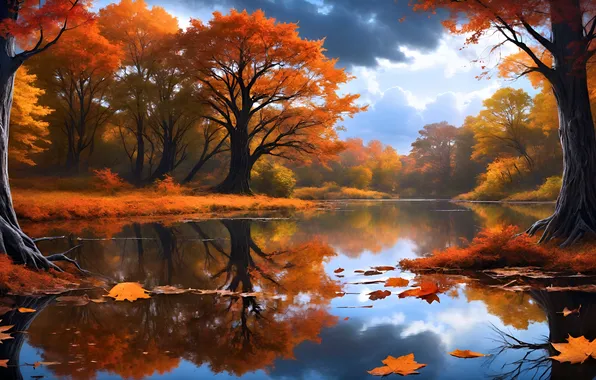 Picture trees, landscape, nature, pond, ai art