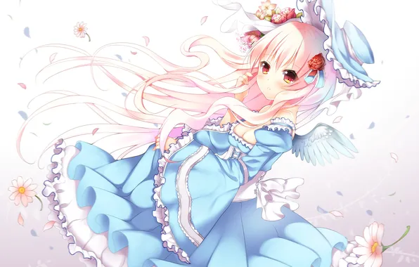 Girl, flowers, roses, anime, petals, art, bow, cap