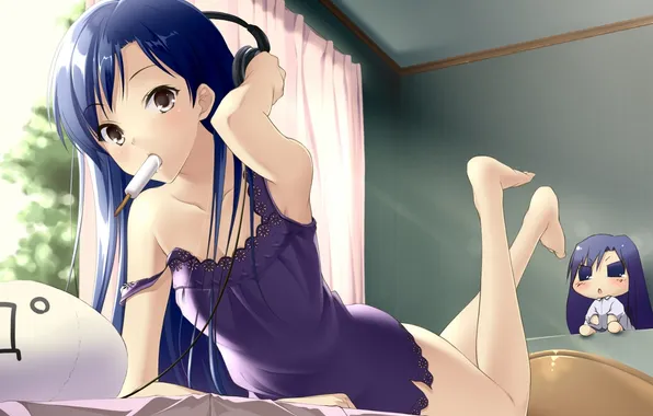 Girl, bed, headphones, ice cream, lies, chibi, idolmaster, kisaragi chihaya