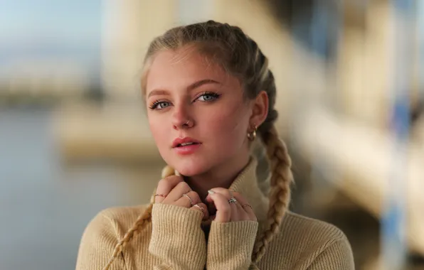 Look, girl, face, portrait, ring, hands, braids, sweater