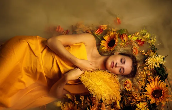 Picture water, girl, sunflowers, flowers, face, pose, fog, style