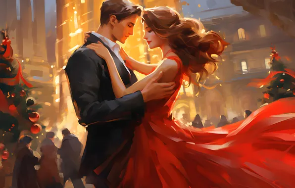 Picture Girl, People, Dress, Tree, Guy, Two, Digital art, AI art