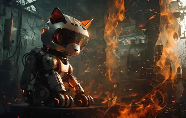 Cat, fiction, fire, fire, robot