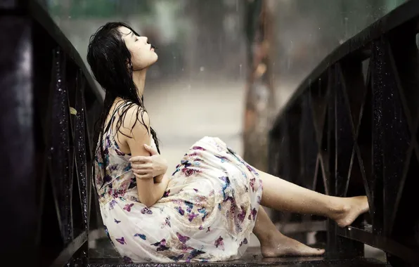 Picture wallpaper, girl, rain, dress, background, alone, mood, sadness