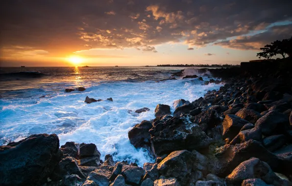 Sunset, stones, the ocean, coast, Hawaii, Hawaii