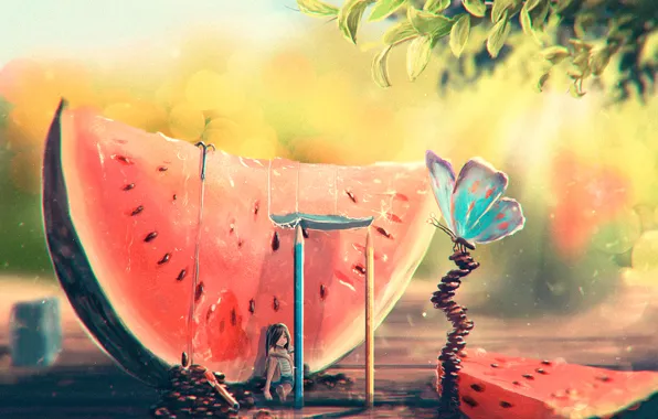 Picture summer, butterfly, heat, watermelon, art, girl