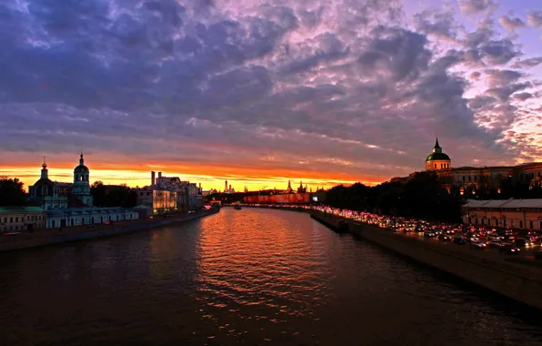 Picture the sky, clouds, sunset, the city, river, photo, dawn, Moscow
