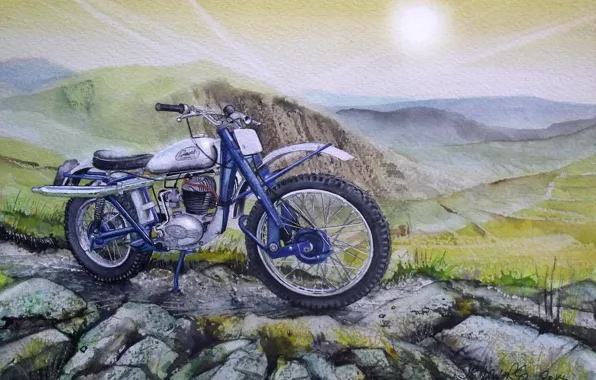 Mountains, figure, motorcycle, painting