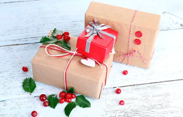 Snow, decoration, berries, New Year, Christmas, gifts, happy, Christmas