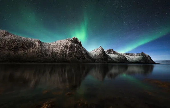Picture the sky, stars, mountains, night, Northern lights, Norway, North