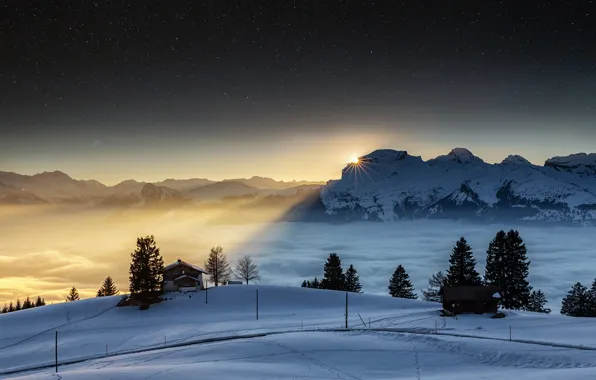 Winter, the sky, the sun, stars, snow, mountains, night, the evening