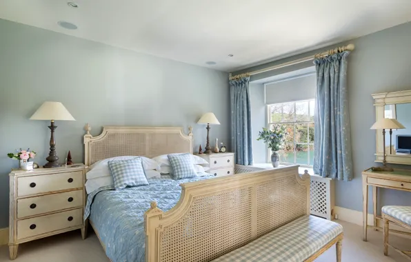 Flowers, lamp, bed, pillow, table, bedroom, chest