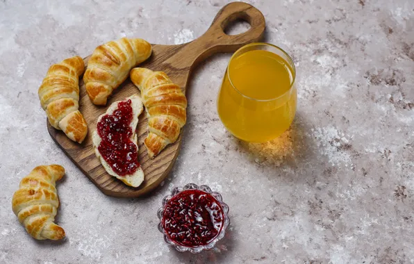 Glass, juice, Board, cakes, jam, croissants, the dough, bagels