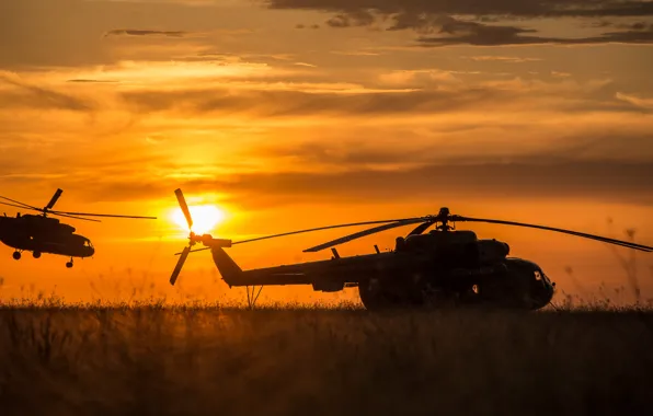 The sky, sunset, helicopters, silhouettes