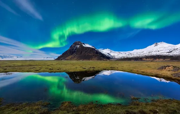 Grass, water, snow, mountains, reflection, beauty, day, space