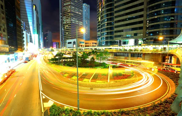 Picture machine, night, the city, lights, movement, building, turn, megapolis