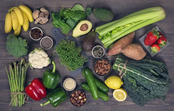Lemon, strawberry, pepper, vegetables, cabbage, cucumbers, avocado, figs