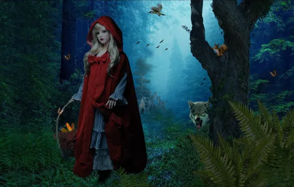 Forest, little red riding hood, Friday, art, wolves, fantasy, forest, little red riding hood