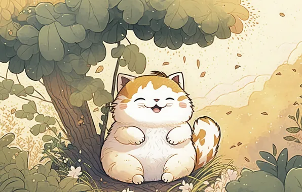Cat, cat, leaves, joy, nature, pose, smile, kitty