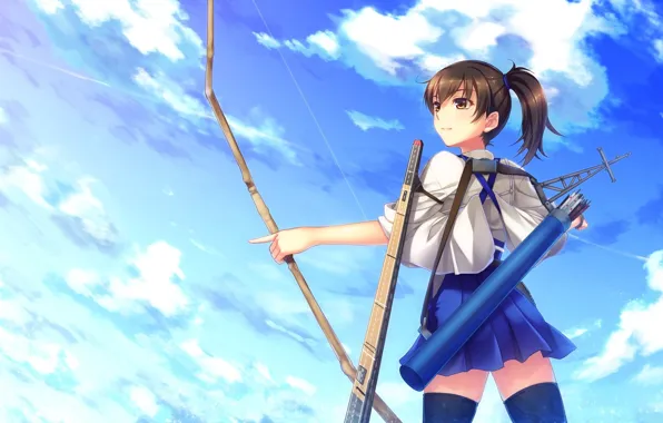 The sky, clouds, stockings, bow, arrows, long hair, quiver, Kantai Collection