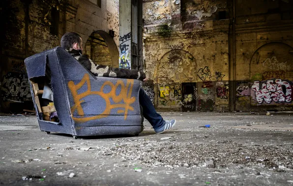 Picture garbage, graffiti, chair, dirt, hangar, devastation, male, mucus