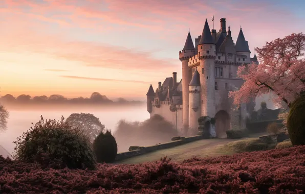 Landscape, castle, spring, architecture, landscape, pink, blossom, beautiful