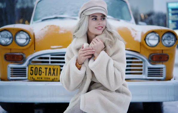 Winter, machine, girl, snow, smile, blonde, taxi, Olga