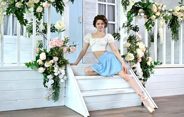 Picture flowers, smile, model, Windows, positive, curls, cutie, porch