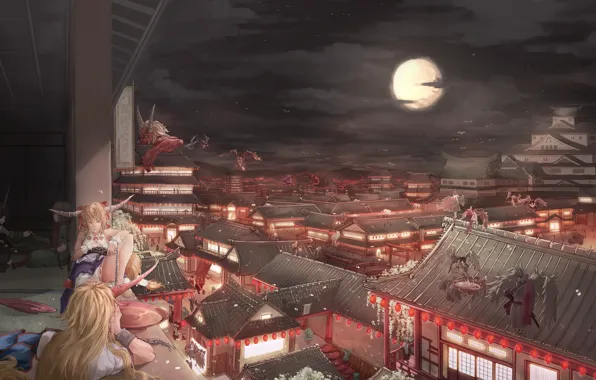 Night, the city, girls, the moon, fantasy, touhou, shameimaru aya, ibuki suika