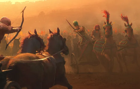 Weapons, horses, chariot, army, bow, art, Pharaoh, battle