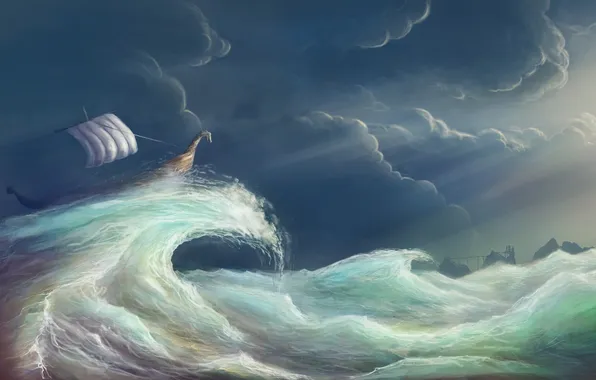Clouds, storm, wave, ship, art