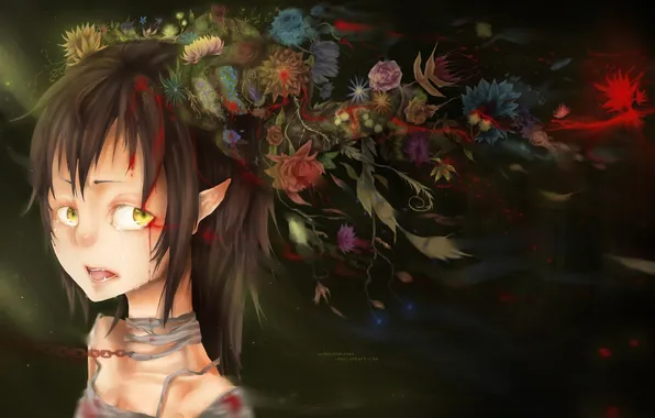 Picture girl, flowers, blood, chain, bandages, uchuubranko