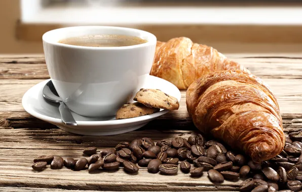 Picture coffee, cookies, spoon, coffee beans, croissants, coffee aroma