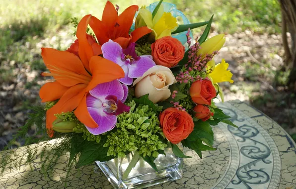 Flowers, Lily, roses, bouquet, orchids, composition