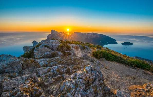 Picture sea, sunrise, rocks, dawn, Spain, Spain, Cape, The Mediterranean sea