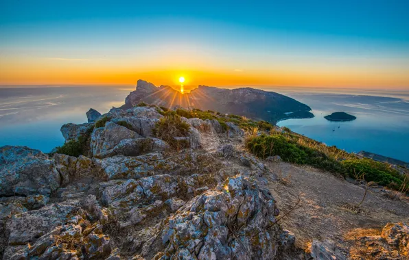 Sea, sunrise, rocks, dawn, Spain, Spain, Cape, The Mediterranean sea