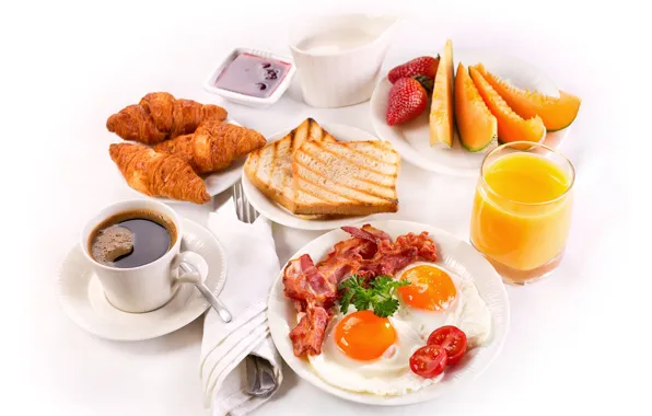 Coffee, Breakfast, strawberry, juice, juice, scrambled eggs, tomatoes, cakes