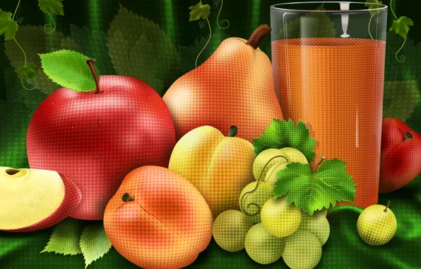 Glass, Apple, juice, grapes, pear, fruit, naturmort
