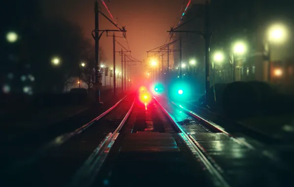 Night, fog, road, rails, The city, bokeh
